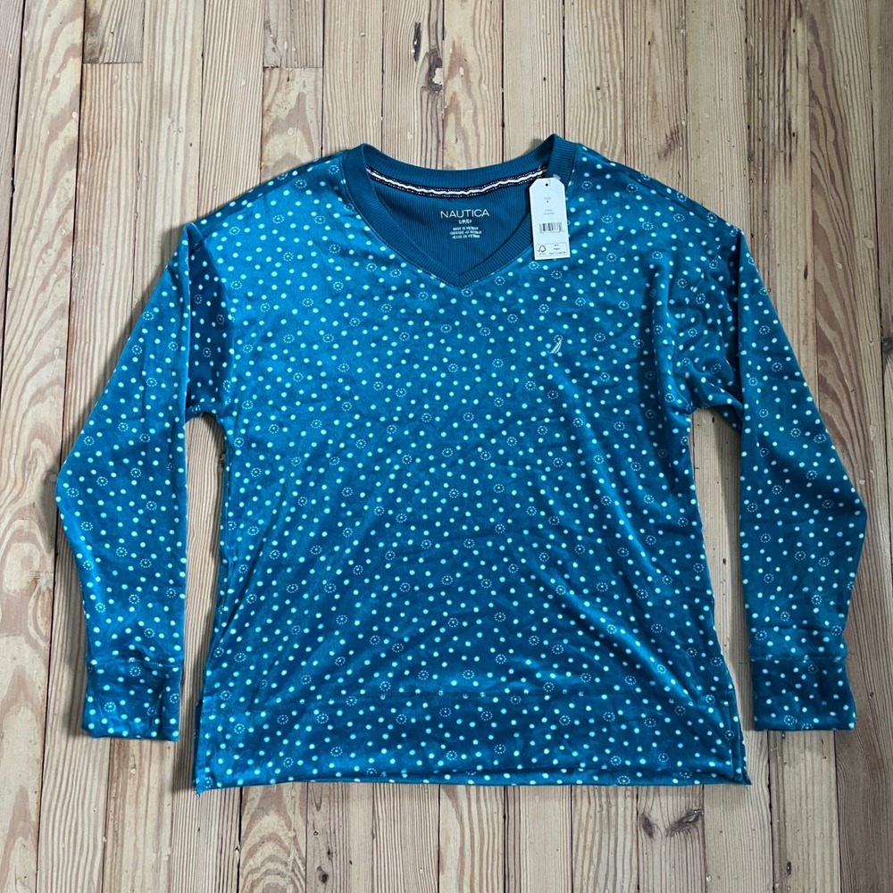 Nautica Pajama Top Womens Small Teal Blue Polka Dot Velour Long Sleeve V-Neck